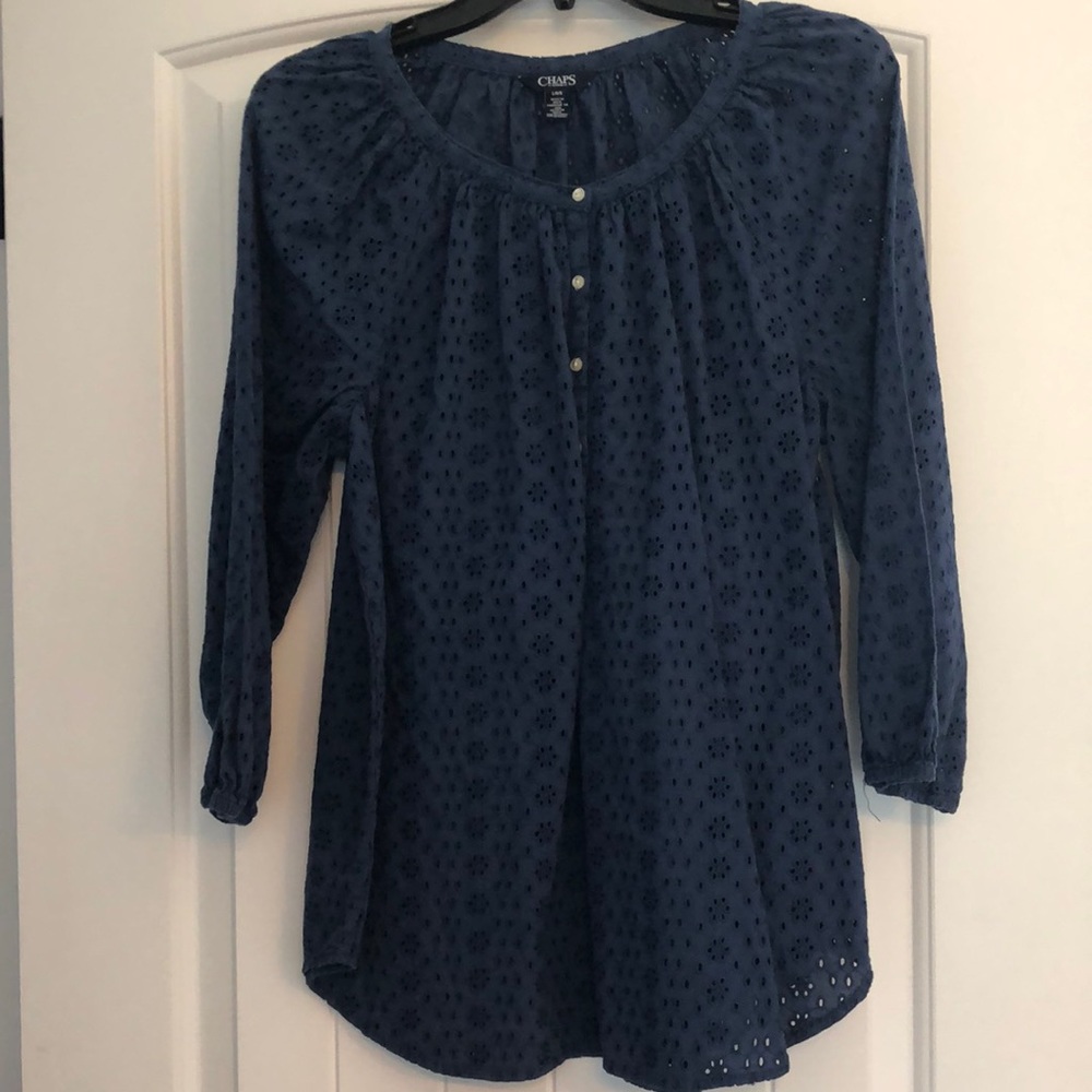 Chaps Blouse Women's Size Large‎ Navy Blue 3/4 Sleeves